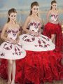 Pretty White And Red Sleeveless Organza Lace Up Sweet 16 Dresses for Military Ball and Sweet 16 and Quinceanera