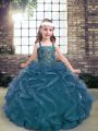 Simple Sleeveless Tulle Floor Length Lace Up Girls Pageant Dresses in Blue with Beading and Ruffles