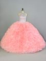 Peach Lace Up 15th Birthday Dress Beading and Ruffles Sleeveless