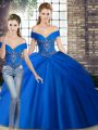 Glorious Royal Blue Tulle Lace Up Sweet 16 Quinceanera Dress Sleeveless Brush Train Beading and Pick Ups