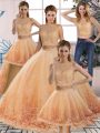 Sleeveless Tulle Sweep Train Backless Sweet 16 Quinceanera Dress in Gold and Peach with Lace