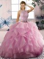 Pink Zipper Quinceanera Dresses Beading and Ruffles Sleeveless Floor Length