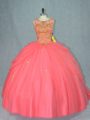 High Class Sleeveless Tulle Brush Train Lace Up 15th Birthday Dress in Watermelon Red with Beading