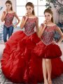 Red Scoop Neckline Beading and Ruffles Quinceanera Dresses Sleeveless Lace Up