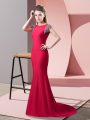 Short Sleeves Elastic Woven Satin Brush Train Backless Homecoming Dress in Coral Red with Beading