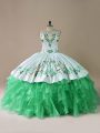 Sleeveless Organza Brush Train Lace Up Quinceanera Gowns in Green with Embroidery