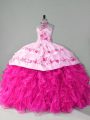 Halter Top Sleeveless Quinceanera Gown Court Train Embroidery and Ruffles Hot Pink Organza