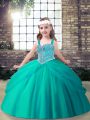 Inexpensive Aqua Blue Lace Up Kids Pageant Dress Beading Sleeveless Floor Length