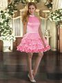 Simple Rose Pink Backless Halter Top Beading and Ruffled Layers Homecoming Dress Organza Sleeveless