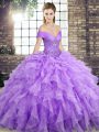 Glittering Lavender Sleeveless Organza Brush Train Lace Up Quinceanera Dress for Military Ball and Sweet 16 and Quinceanera