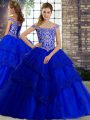 Ball Gowns Sleeveless Royal Blue Sweet 16 Dress Brush Train Lace Up