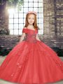 Cheap Coral Red Ball Gowns Beading and Ruffles Kids Pageant Dress Lace Up Tulle Sleeveless Floor Length