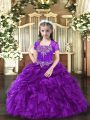 Purple Organza Lace Up Straps Sleeveless Floor Length Child Pageant Dress Beading and Ruffles