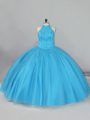 Amazing Sleeveless Beading and Lace Lace Up Quinceanera Gowns with Aqua Blue Brush Train