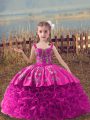 Fashionable Fuchsia Fabric With Rolling Flowers Lace Up Glitz Pageant Dress Sleeveless Sweep Train Embroidery