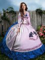 Pretty Blue And White Satin Lace Up Sweet 16 Dress Sleeveless Floor Length Embroidery and Ruffles