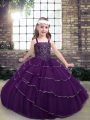 Customized Floor Length Eggplant Purple Little Girls Pageant Gowns Tulle Sleeveless Beading and Ruffled Layers