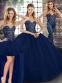 Navy Blue Three Pieces Tulle Sweetheart Sleeveless Beading Floor Length Lace Up 15 Quinceanera Dress