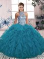 Halter Top Sleeveless Lace Up Quince Ball Gowns Teal Tulle