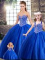 On Sale Beading 15th Birthday Dress Blue Lace Up Sleeveless Brush Train