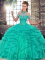 Turquoise Tulle Lace Up Halter Top Sleeveless Floor Length Sweet 16 Dresses Beading and Ruffles
