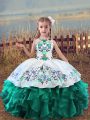 Organza Scoop Sleeveless Lace Up Embroidery and Ruffles Kids Formal Wear in Turquoise