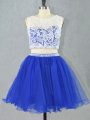 Delicate Royal Blue Organza Zipper Scoop Sleeveless Mini Length Cocktail Dress Lace and Appliques