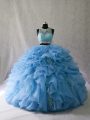 Blue Quince Ball Gowns Sweet 16 and Quinceanera with Beading and Ruffles Scoop Sleeveless Brush Train Zipper