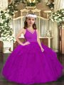 Unique Purple Ball Gowns Ruffles Kids Pageant Dress Zipper Tulle Sleeveless Floor Length