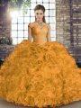 Popular Sleeveless Organza Floor Length Lace Up Quinceanera Dresses in Orange with Beading and Ruffles