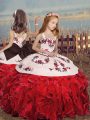Nice Red Ball Gowns Organza Straps Sleeveless Embroidery and Ruffles Floor Length Lace Up Little Girl Pageant Gowns