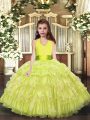 Floor Length Lace Up Pageant Gowns For Girls Yellow Green for Party and Wedding Party with Ruffled Layers