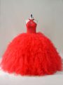 Floor Length Red Quince Ball Gowns Tulle Sleeveless Beading and Ruffles