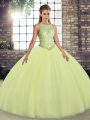 Floor Length Lace Up 15 Quinceanera Dress Yellow Green for Military Ball and Sweet 16 and Quinceanera with Embroidery