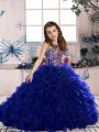 Top Selling Scoop Sleeveless Girls Pageant Dresses Floor Length Beading and Ruffles Royal Blue Organza