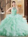 Organza Halter Top Sleeveless Brush Train Lace Up Beading and Ruffles Vestidos de Quinceanera in Apple Green