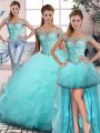 Aqua Blue Sleeveless Beading and Ruffles 15th Birthday Dress
