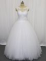 White Tulle Clasp Handle Scoop Sleeveless Floor Length Wedding Dresses Beading and Lace and Hand Made Flower