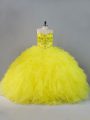 Sleeveless Tulle Floor Length Lace Up Ball Gown Prom Dress in Yellow with Beading and Ruffles