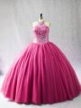 Hot Pink 15 Quinceanera Dress Sweet 16 and Quinceanera with Beading Halter Top Sleeveless Brush Train Lace Up