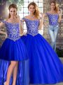 Royal Blue Sleeveless Tulle Brush Train Lace Up Quinceanera Dresses for Military Ball and Sweet 16 and Quinceanera