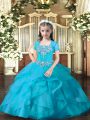 Aqua Blue Lace Up Child Pageant Dress Beading and Ruffles Sleeveless Floor Length