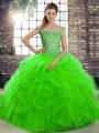 On Sale Green Ball Gowns Tulle Off The Shoulder Sleeveless Beading and Ruffles Lace Up 15 Quinceanera Dress Brush Train