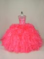 Glamorous Pink Lace Up Scoop Beading and Ruffles 15 Quinceanera Dress Organza Sleeveless