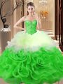 Most Popular Sleeveless Fabric With Rolling Flowers Floor Length Lace Up Quinceanera Gowns in Multi-color with Beading and Ruffles