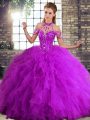 Purple Ball Gowns Halter Top Sleeveless Tulle Floor Length Lace Up Beading and Ruffles 15 Quinceanera Dress