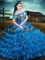Noble Floor Length Lace Up Quinceanera Gowns Blue for Sweet 16 and Quinceanera with Embroidery and Ruffles