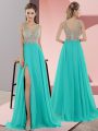 Fantastic Sleeveless Chiffon Sweep Train Zipper in Turquoise with Beading