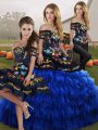 Blue And Black Off The Shoulder Lace Up Embroidery and Ruffled Layers Sweet 16 Quinceanera Dress Sleeveless