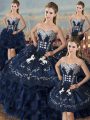 Trendy Navy Blue Sleeveless Floor Length Embroidery and Ruffles Lace Up 15th Birthday Dress